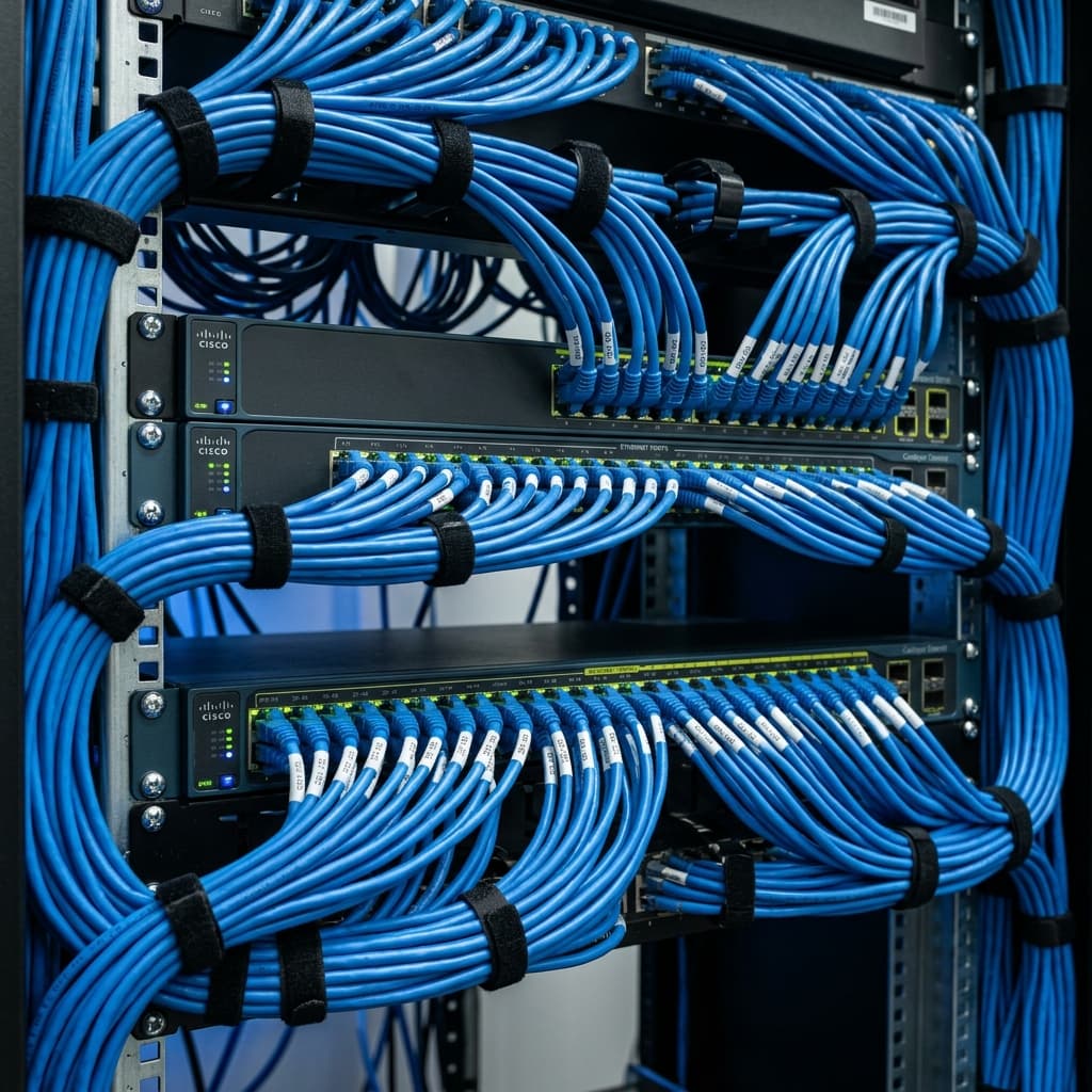 Server rack with neatly organised ethernet cabling and status LEDs