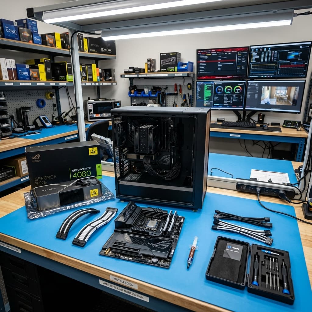 TekSpert workshop — custom PC mid-build on an anti-static workbench